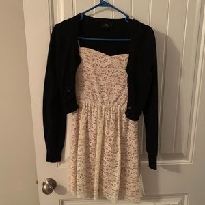 Strapless cream lace dress with cardigan.